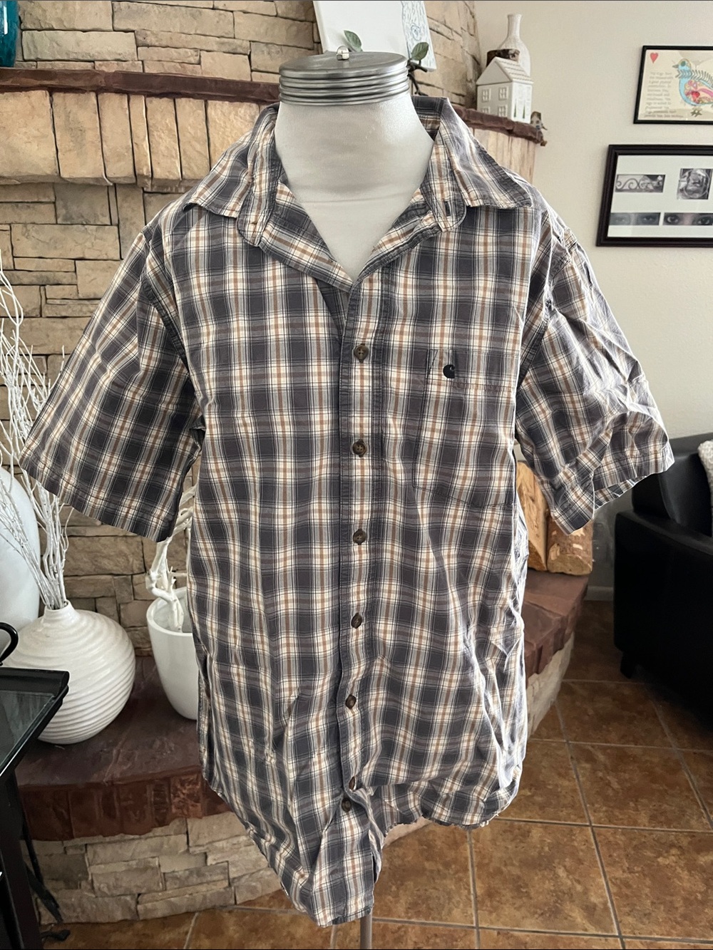 Carhartt Short Sleeve Plaid Button-Up Shirt in Gray & Cream Size L Tall